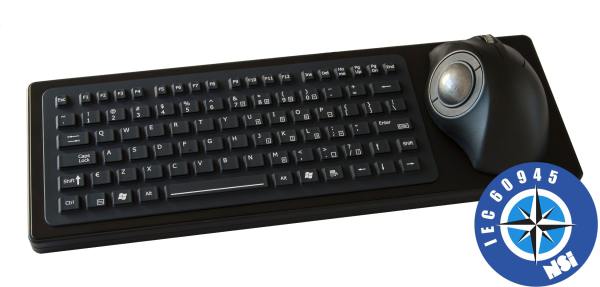 IEC 60945 marine certified silicone keyboard with ergonomic trackball
